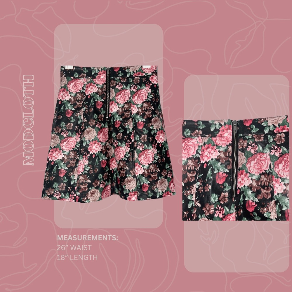 Modcloth Floral Black Mini A-Line Skirt w/ Pink Roses | Size 4 - Picture 3 of 6